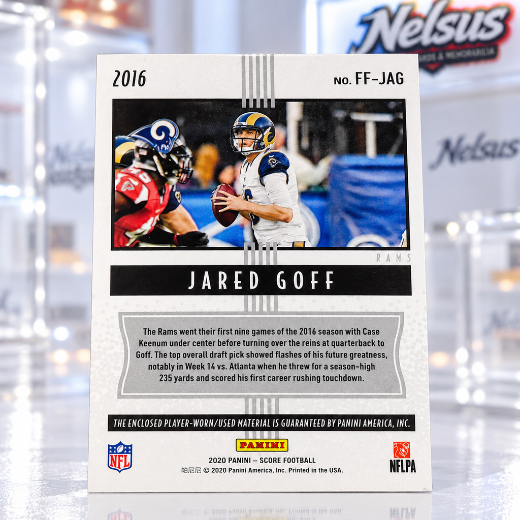 Tarjeta Jared Goff • Fragmento Jersey Utilizado en Juego • Insert Freshman Flashbacks