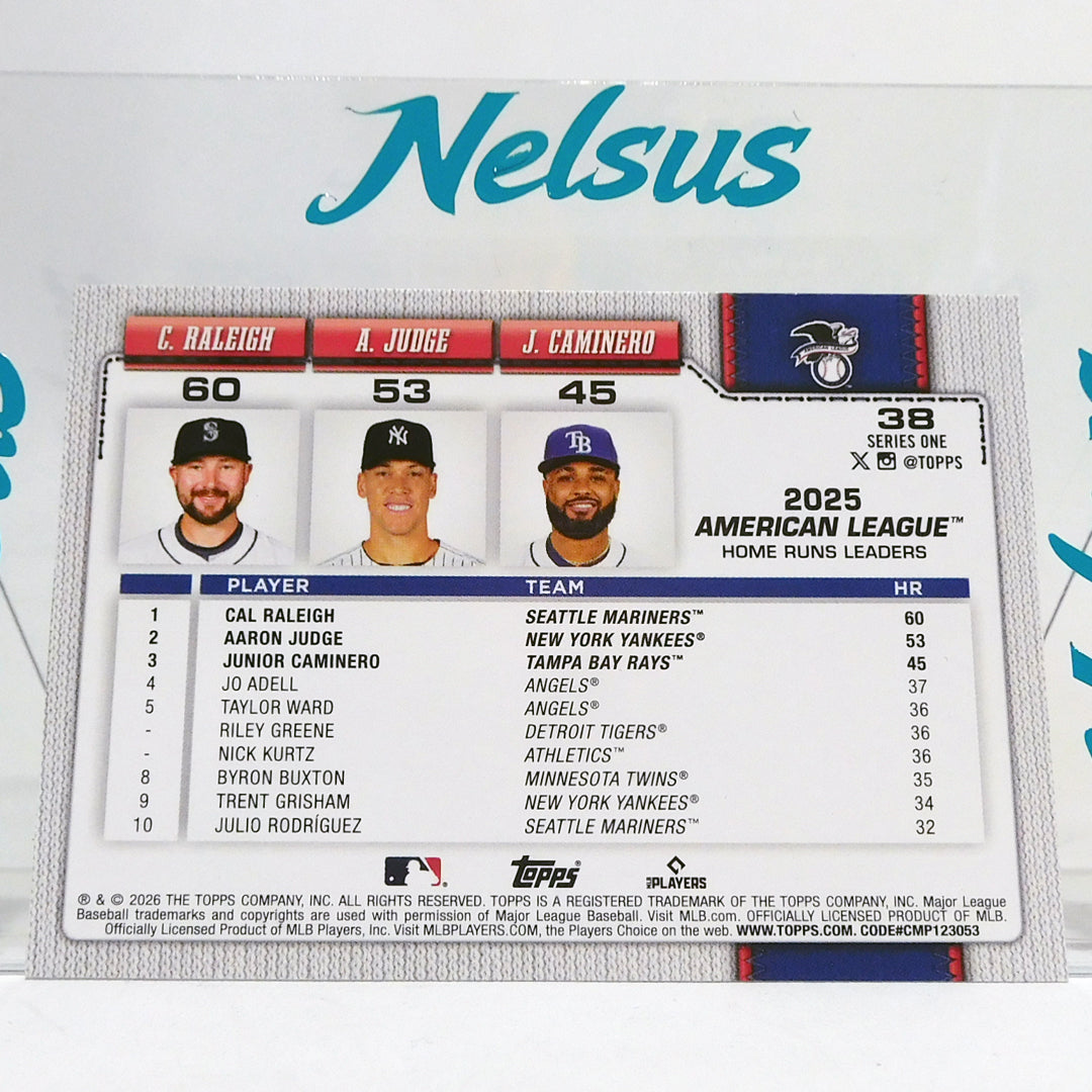Tarjeta Cal Raleigh (Seattle Mariners) • Aaron Judge (New York Yankees) • Junior Caminero (Tampa Bay Rays) • Lideres Home Run