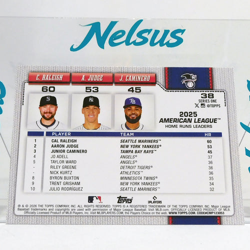 Tarjeta Cal Raleigh (Seattle Mariners) • Aaron Judge (New York Yankees) • Junior Caminero (Tampa Bay Rays) • Lideres Home Run