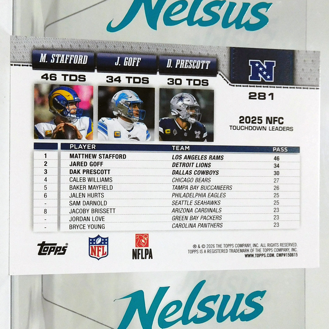 Tarjeta Matthew Stafford / Jared Goff / Dak Prescott • 2025 NFC Touchdown Leaders